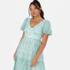 Maya Deluxe Robe midi pour Femme, col en V, Manches Courtes Bouffantes dans Le Dos, Broderie Florale, nœud à Nouer, Ligne A, pour invitées de Mariage, Bal de Fin d&rsquo;année, Menthe, 50