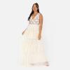 Maya Deluxe Women&rsquo;s Ladies Maxi Dress Sleeveless V-Neckline Wrap Tiered Ruffle Sequin Embellished Embroidered Tulle A-Line Ball Gown(Ecru)