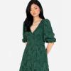 Maya Deluxe Women&rsquo;s Midaxi Dress V Neckline Puff Sleeve Lace A-Line for Wedding Guest Bridesmaid Cocktail Prom Evening Occasion Robe Femme(Emerald Green)