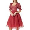Maya Deluxe Ladies Dress for Women Midi Sequin Embellished Frilly Sweetheart Neckline Puffed Sleeves for Wedding Guest Prom Evening Robe Femme (Lot de 1)(Vermillion)