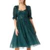 Maya Deluxe Ladies Dress for Women Midi Sequin Embellished Frilly Sweetheart Neckline Puffed Sleeves for Wedding Guest Prom Evening Robe Femme (Lot de 1)(Emerald Green)