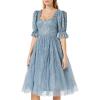 Maya Deluxe Ladies Dress for Women Midi Sequin Embellished Frilly Sweetheart Neckline Puffed Sleeves for Wedding Guest Prom Evening Robe Femme (Lot de 1)(Dusty Blue)