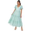 Maya Deluxe Robe midi pour Femme, col en V, Manches Courtes Bouffantes dans Le Dos, Broderie Florale, nœud à Nouer, Ligne A, pour invitées de Mariage, Bal de Fin d&rsquo;année, Menthe, 50