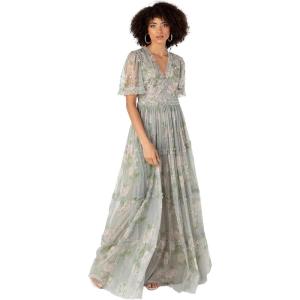 Anaya with Love Women&rsquo;s Maxi Dress Ladies V-Neck Short Angel Sleeves Tiered Ruffle for Bridesmaid Wedding Guest Occasion Prom Ball Gown Robe Femme(Floral Sage Green)