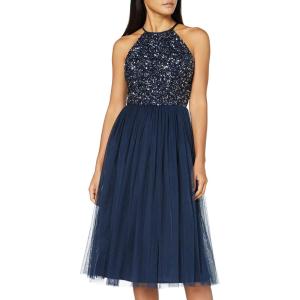 Maya Deluxe Femme Midi Col Licou Demoiselles d&rsquo;honneur, Robe de Soirée À Pailettes, Bal de Promo d&rsquo;honneur(Bleu Marine)