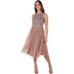 Maya Deluxe Femme Midi Col Licou Demoiselles d&rsquo;honneur, Robe de Soirée À Pailettes, Bal de Promo d&rsquo;honneur(Blush Taupe)