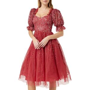 Maya Deluxe Ladies Dress for Women Midi Sequin Embellished Frilly Sweetheart Neckline Puffed Sleeves for Wedding Guest Prom Evening Robe Femme (Lot de 1)(Vermillion)