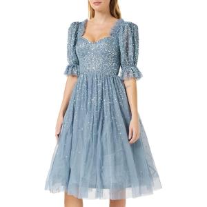 Maya Deluxe Ladies Dress for Women Midi Sequin Embellished Frilly Sweetheart Neckline Puffed Sleeves for Wedding Guest Prom Evening Robe Femme (Lot de 1)(Dusty Blue)