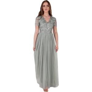 Maya Deluxe Robe Maxi pour Femme-Col en V-Manches Courtes-Élégante Taille Empire-Mariage(Lys Vert.)