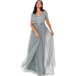 Maya Deluxe Robe Maxi pour Femme-Col en V-Manches Courtes-Élégante Taille Empire-Mariage(Misty Green)