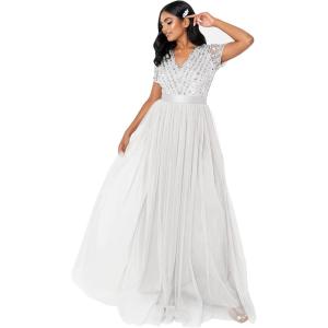 Maya Deluxe Robe Maxi pour Femme-Col en V-Manches Courtes-Élégante Taille Empire-Mariage(Soft Grey)