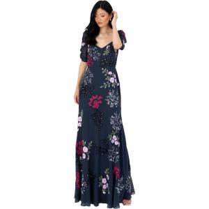 Maya Deluxe Women&rsquo;s Maxi Dress Ladies Embroidered Sweetheart Neckline Ruched Sleeves for Wedding Guest Bridesmaid Prom Ball Gown Robe Femme(Navy)