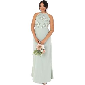 Maya Deluxe Women&rsquo;s Maxi Dress Ladies Sleeveless Halterneck Floral Sequin Embellished A-Line for Wedding Guest Evening Ball Gown Robe Femme(Green Lily)