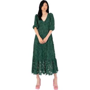 Maya Deluxe Women&rsquo;s Midaxi Dress V Neckline Puff Sleeve Lace A-Line for Wedding Guest Bridesmaid Cocktail Prom Evening Occasion Robe Femme(Emerald Green)