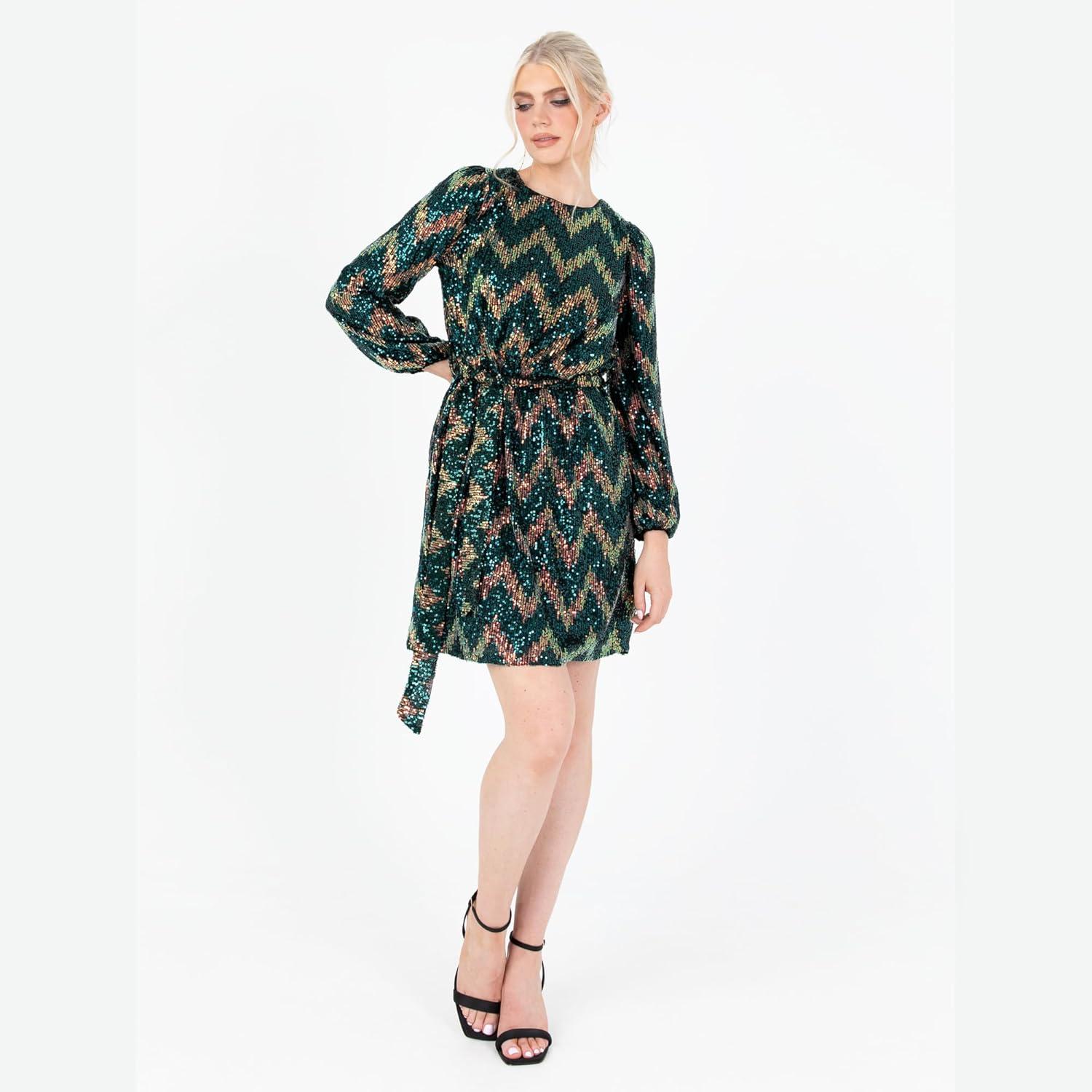 imageLovedrobe Mini Robe pour Femme Sequins Courts Manches Longues et Col Rond avec Nud Ceinture Zigzag pour Fte Cocktail SoireVert