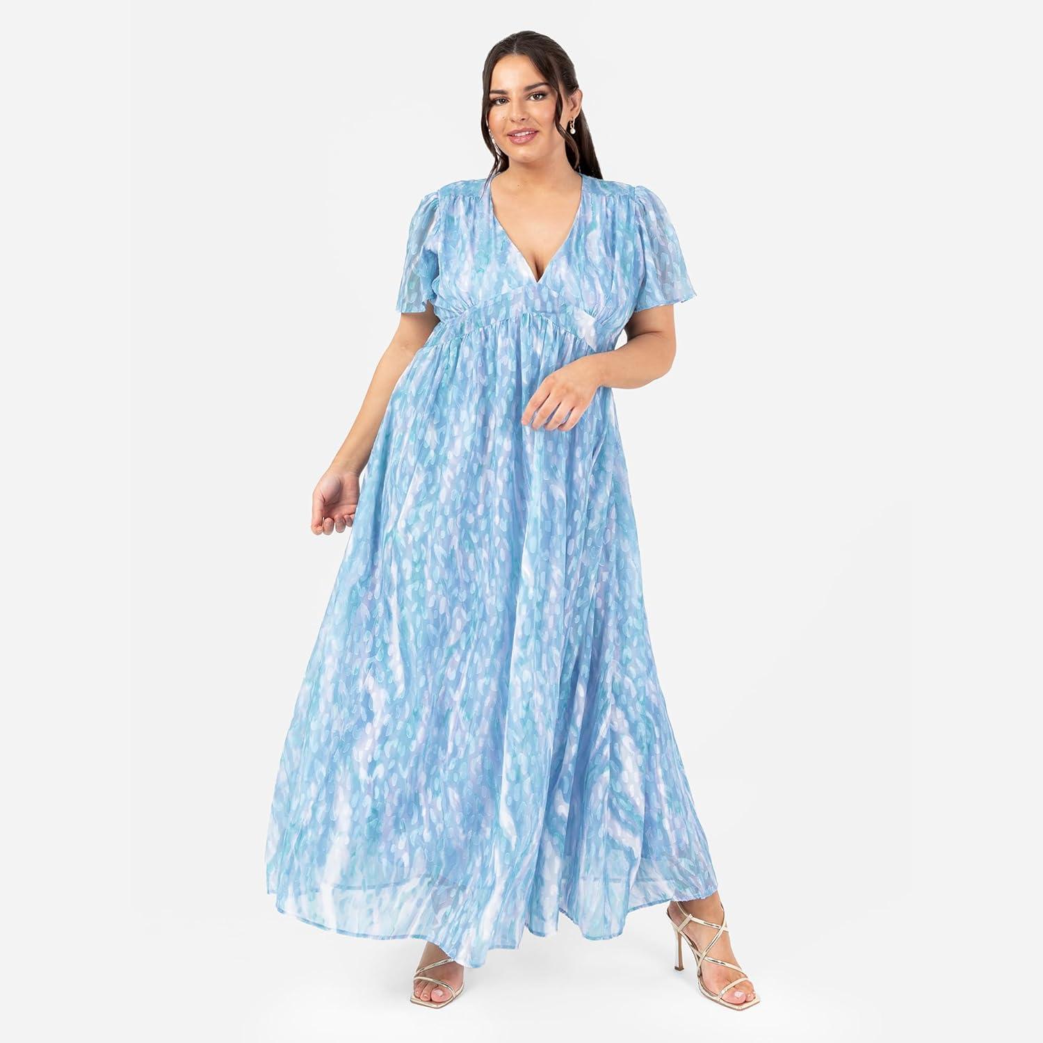 imageLovedrobe Womens Ladies Maxi Dress Short Angel Sleeve VNeck Floral Animal Print Empire ALine Casual Wedding Guest Occasion Dress Femme Lot de 1Bleu
