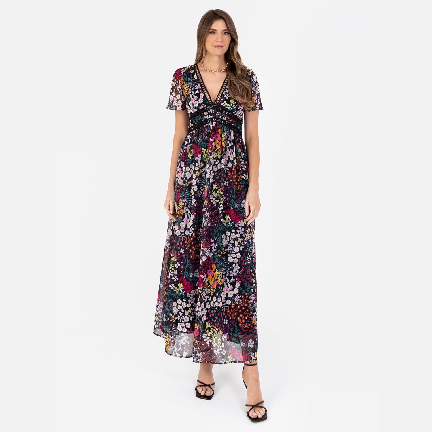 imageLovedrobe Womens Ladies Maxi Dress Short Angel Sleeve VNeck Floral Animal Print Empire ALine Casual Wedding Guest Occasion Dress Femme Lot de 1Floral Print