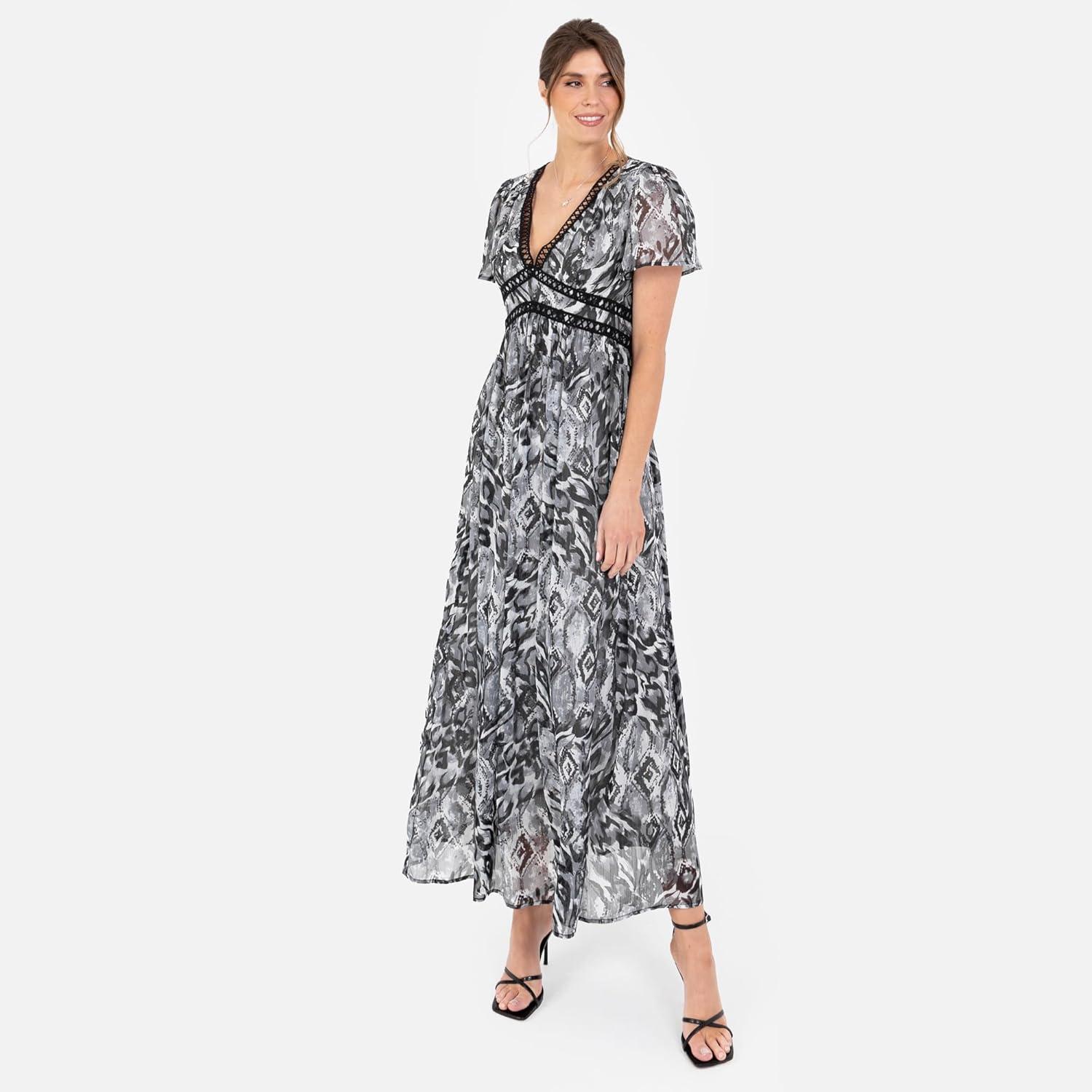imageLovedrobe Womens Ladies Maxi Dress Short Angel Sleeve VNeck Floral Animal Print Empire ALine Casual Wedding Guest Occasion Dress Femme Lot de 1Gris