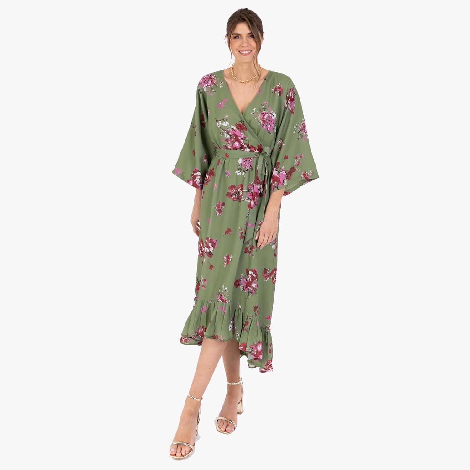 imageLovedrobe Womens Ladies Maxi Dress VNeck Kimono Half Sleeve Wrap Front HighLow Hem Abstract Floral Print Waist Tie ALine Robe aux Femmes Green