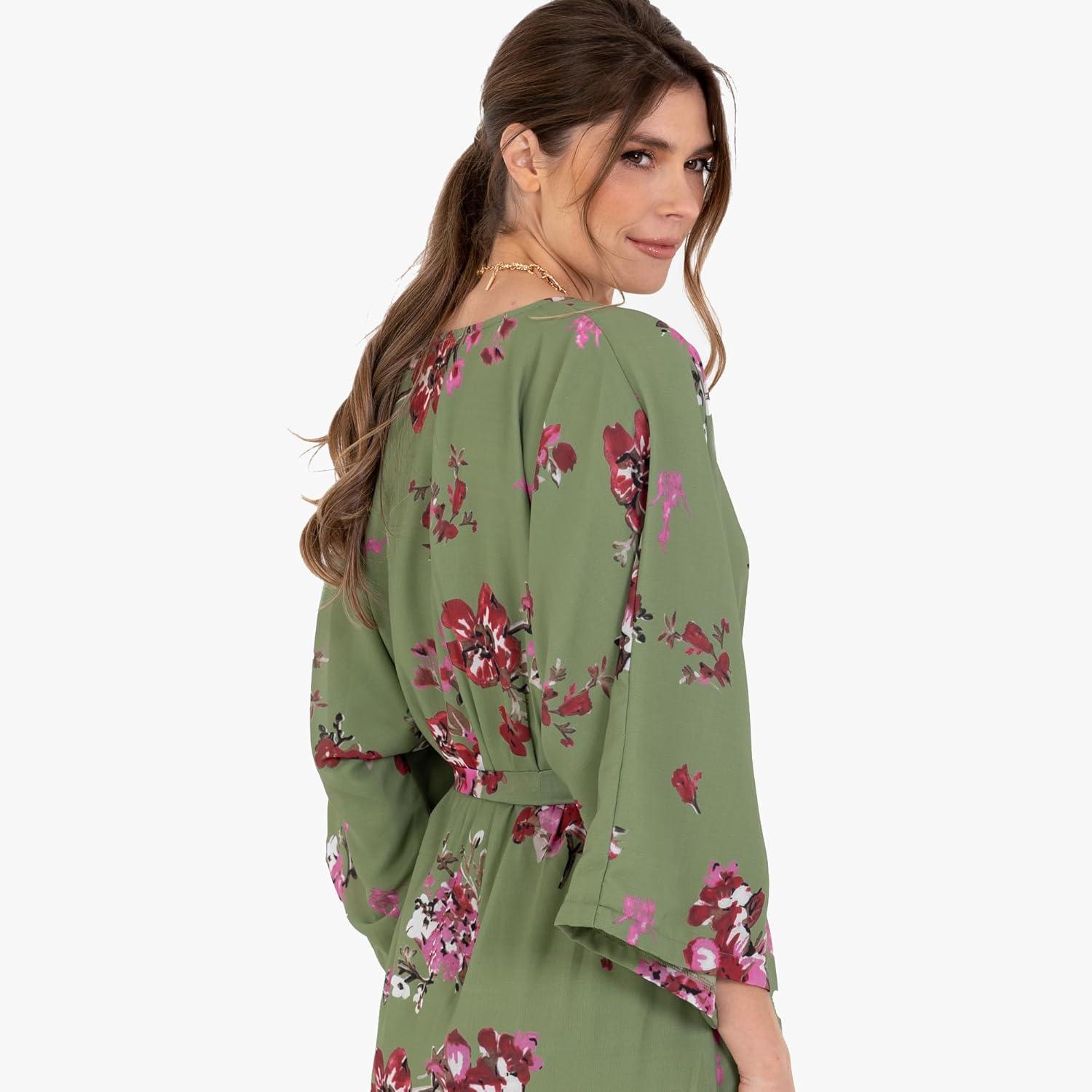 imageLovedrobe Womens Ladies Maxi Dress VNeck Kimono Half Sleeve Wrap Front HighLow Hem Abstract Floral Print Waist Tie ALine Robe aux Femmes Green