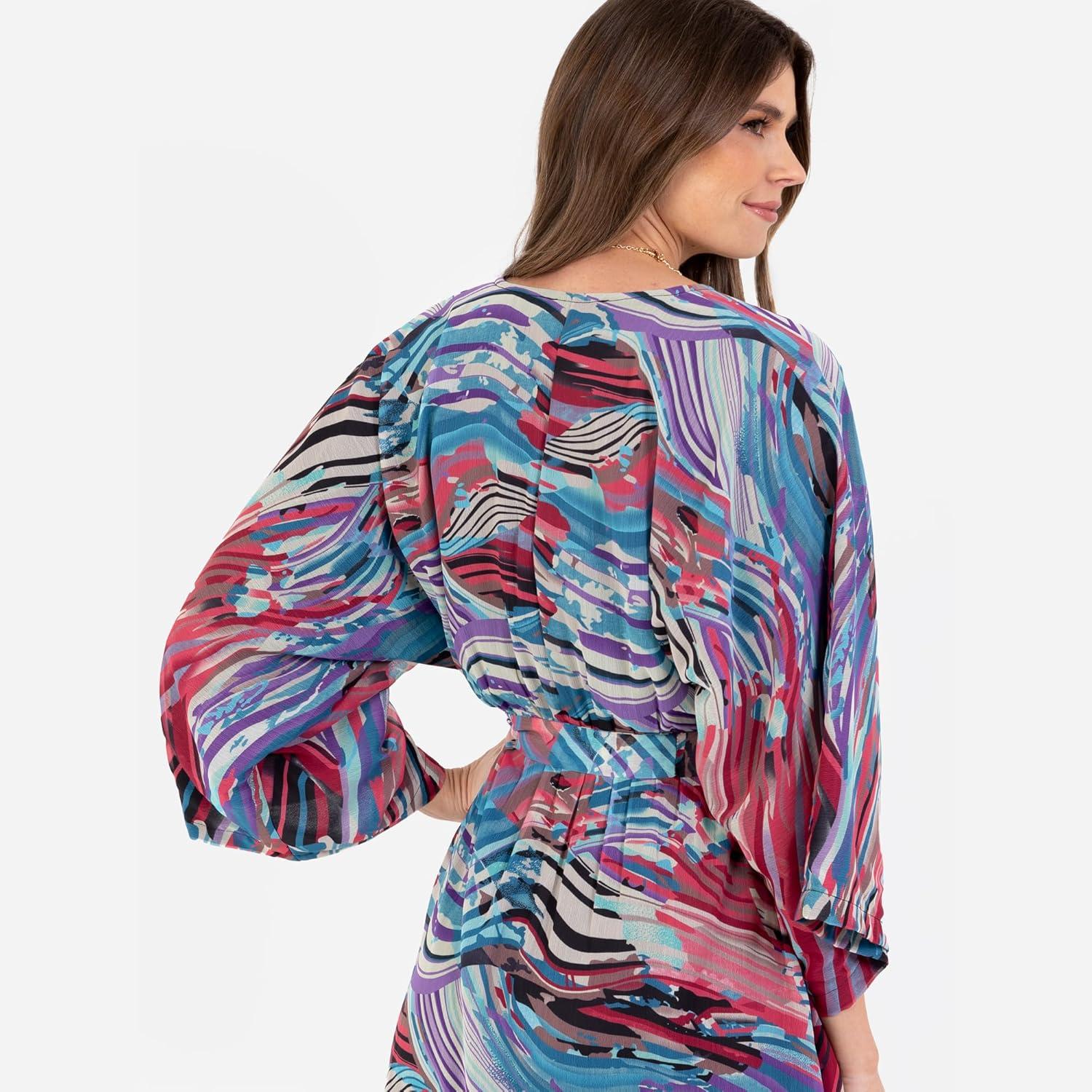 imageLovedrobe Womens Ladies Maxi Dress VNeck Kimono Half Sleeve Wrap Front HighLow Hem Abstract Floral Print Waist Tie ALineMulticolore
