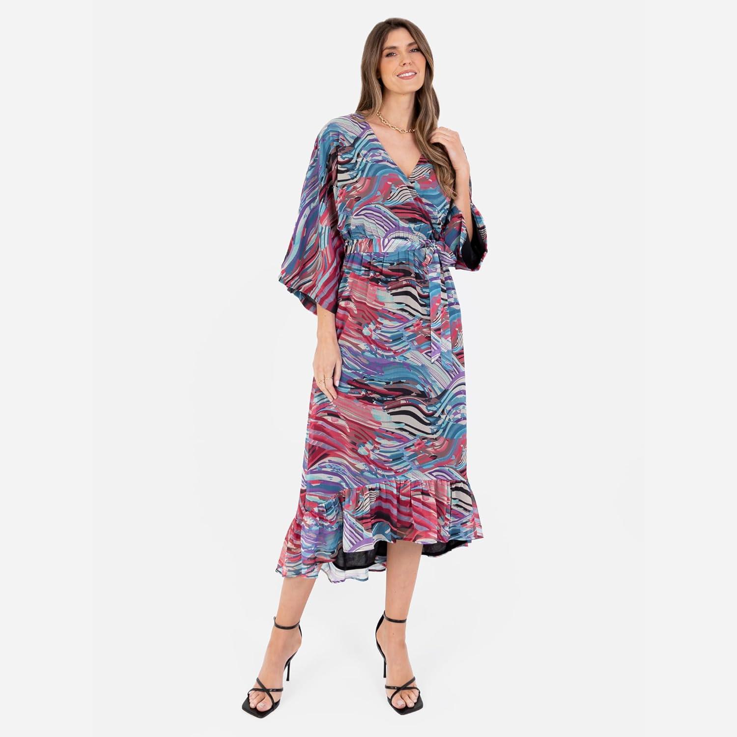 imageLovedrobe Womens Ladies Maxi Dress VNeck Kimono Half Sleeve Wrap Front HighLow Hem Abstract Floral Print Waist Tie ALineMulticolore