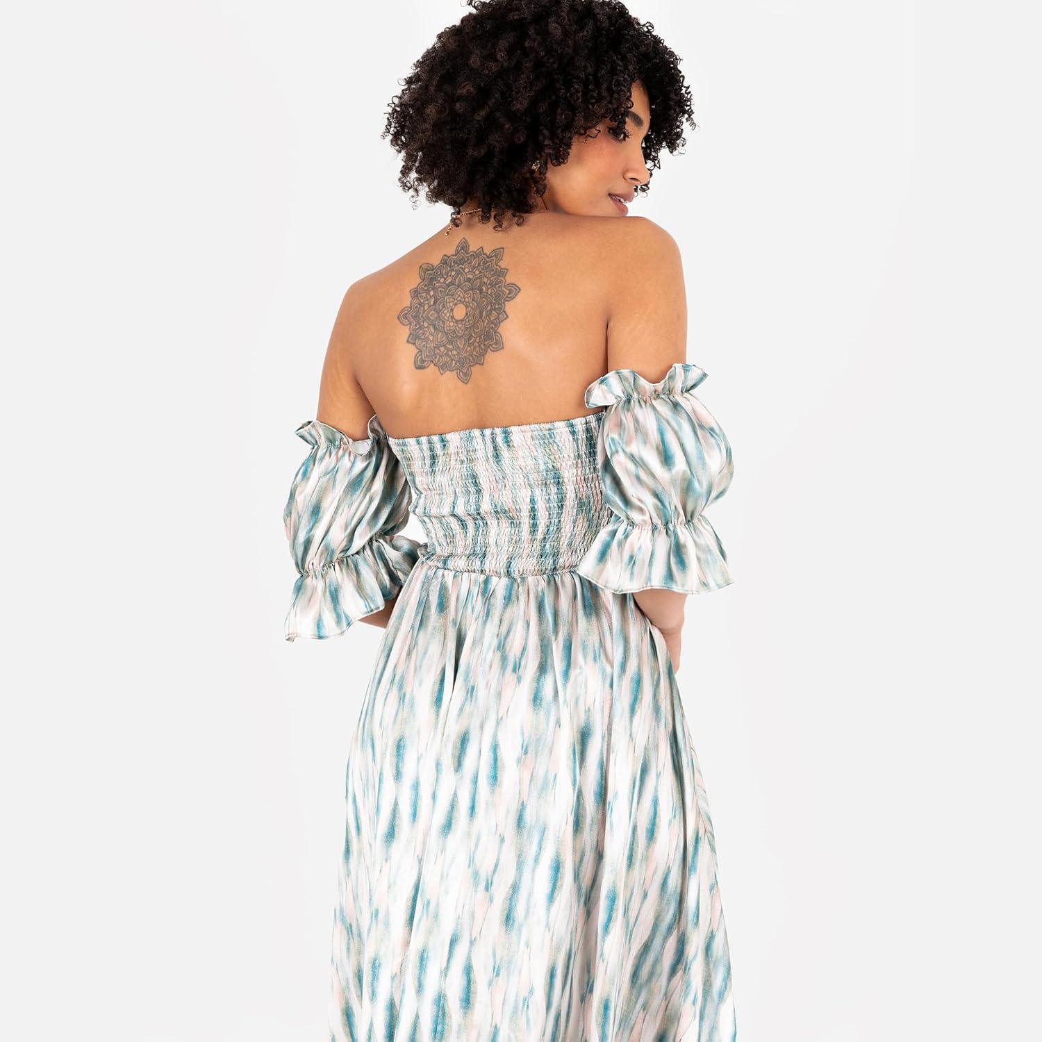 imageLovedrobe Womens Ladies Midaxi Dress Bardot OffTheShoulder Neckline Short Ruffle Sleeve ALine Split Leg Abstract Print Dress Femme Lot de 1Bleu