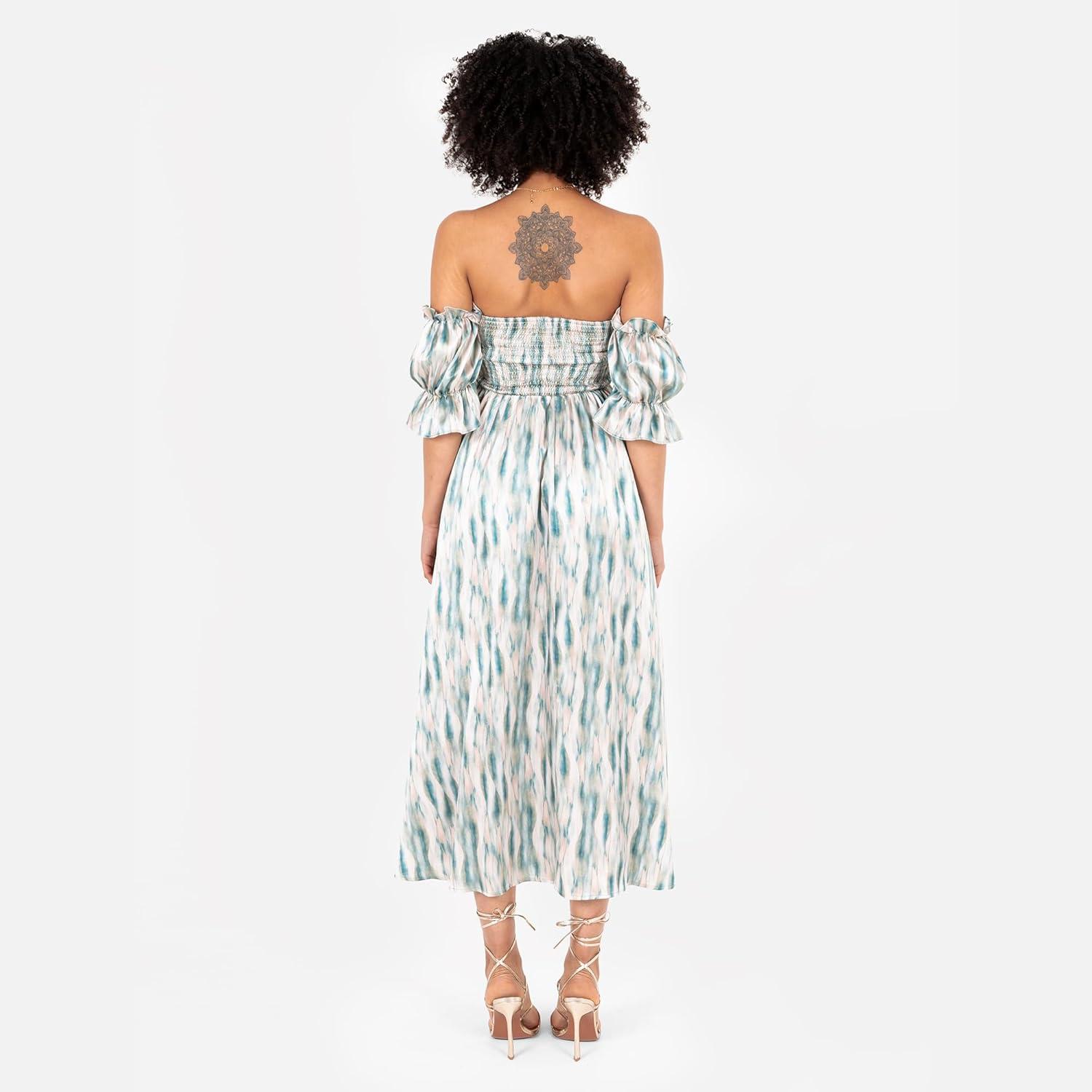 imageLovedrobe Womens Ladies Midaxi Dress Bardot OffTheShoulder Neckline Short Ruffle Sleeve ALine Split Leg Abstract Print Dress Femme Lot de 1Bleu