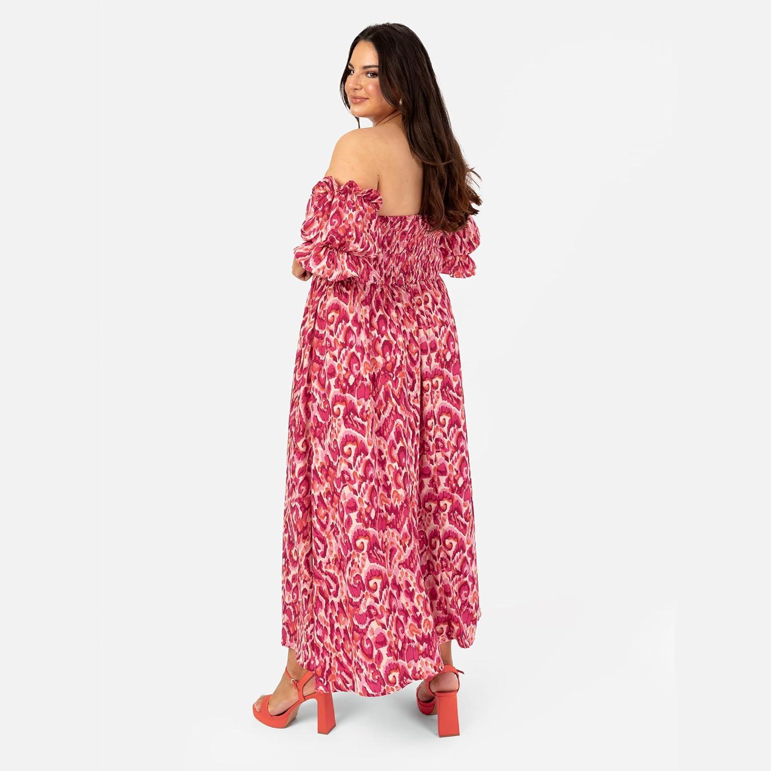 imageLovedrobe Womens Ladies Midaxi Dress Bardot OffTheShoulder Neckline Short Ruffle Sleeve ALine Split Leg Abstract Print Dress Femme Lot de 1Rose