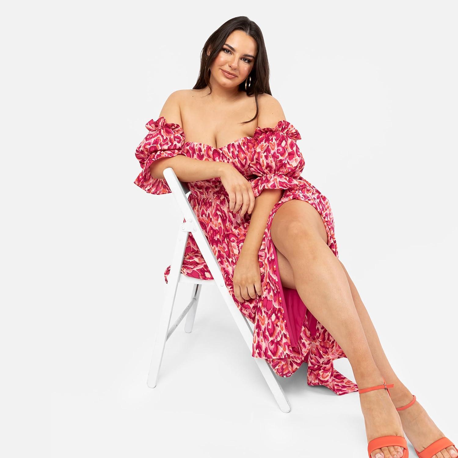 imageLovedrobe Womens Ladies Midaxi Dress Bardot OffTheShoulder Neckline Short Ruffle Sleeve ALine Split Leg Abstract Print Dress Femme Lot de 1Rose