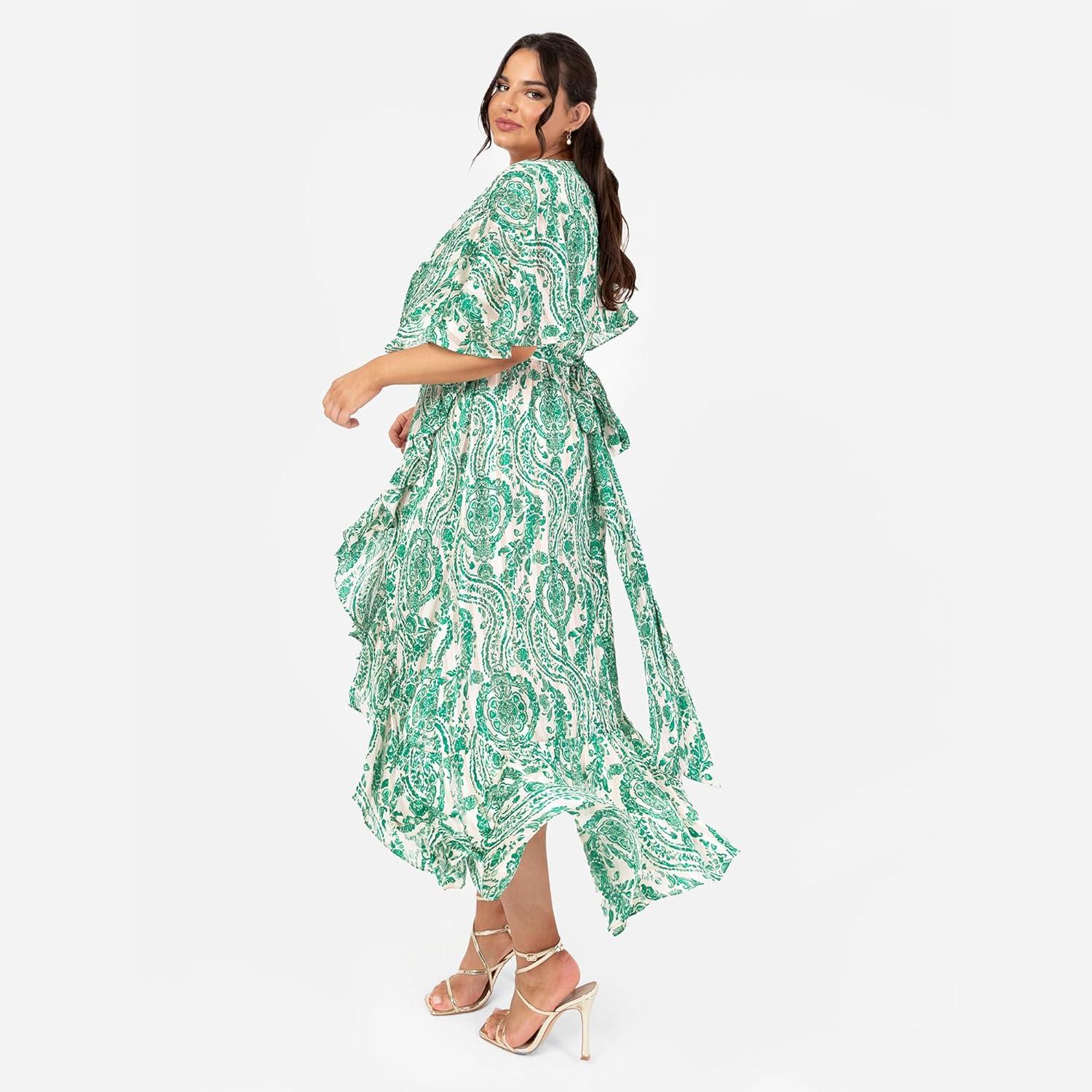 imageLovedrobe Womens Ladies Midaxi Dress VNeck Cape Sleeve Abstract Floral Print Ruffle Hi Low Hem Wrap Belted ALine FemmeVert