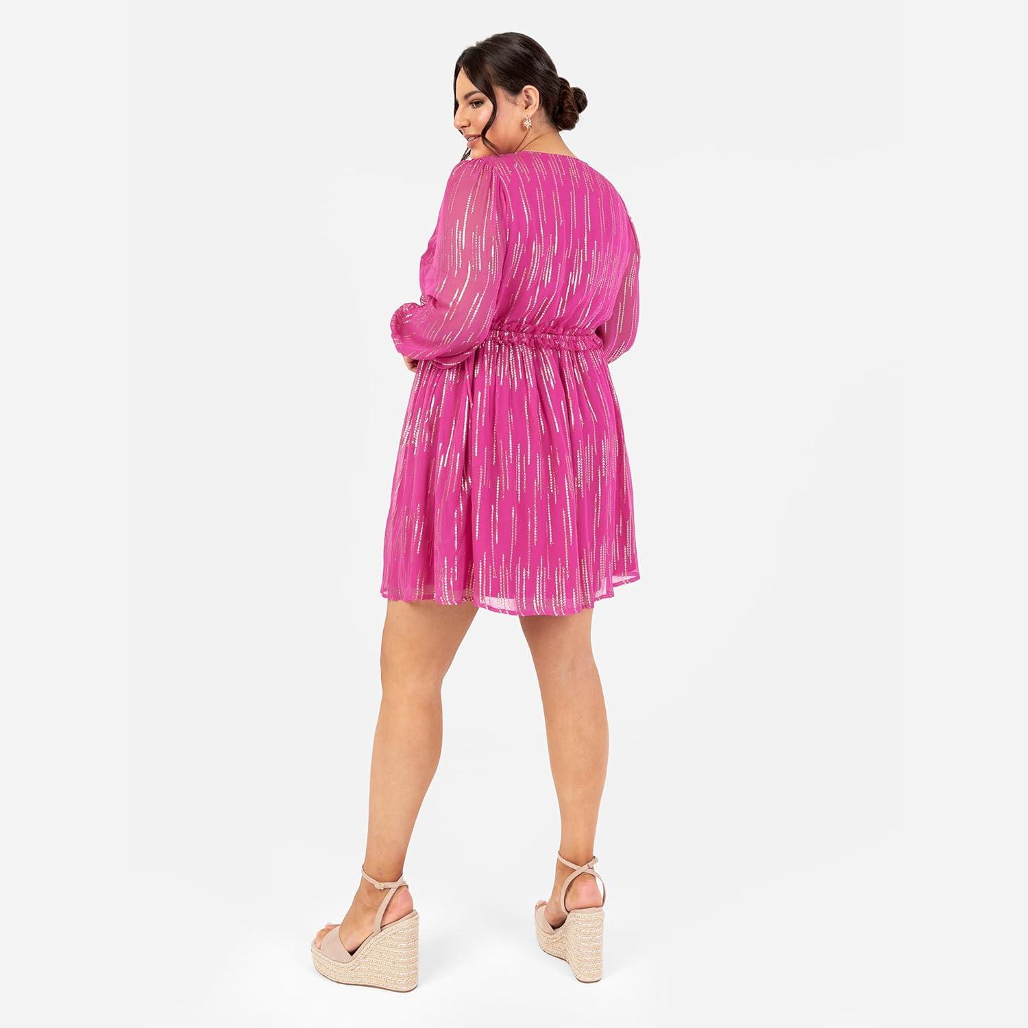 imageLovedrobe Womens Ladies Mini Dress Long Balloon Sleeves VNeckline Chiffon Side Tie Detail Ruffle Frill Empire Waist ALine FemmeFuchsia Pink