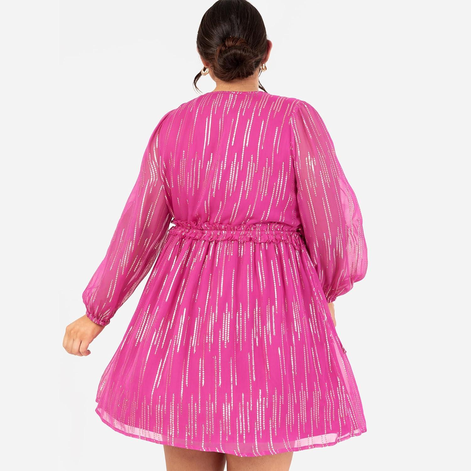 imageLovedrobe Womens Ladies Mini Dress Long Balloon Sleeves VNeckline Chiffon Side Tie Detail Ruffle Frill Empire Waist ALine FemmeFuchsia Pink