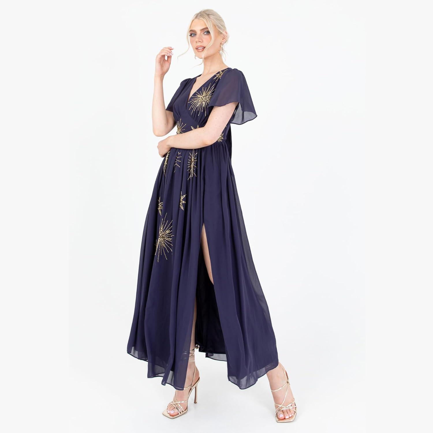 imageLovedrobe Womens Maxi Dress Ladies Star Sequin Bead Embellished Flutter Sleeve VNeck ALine Split Slit Casual for Evening Party Robe Femme Lot de 1Navy