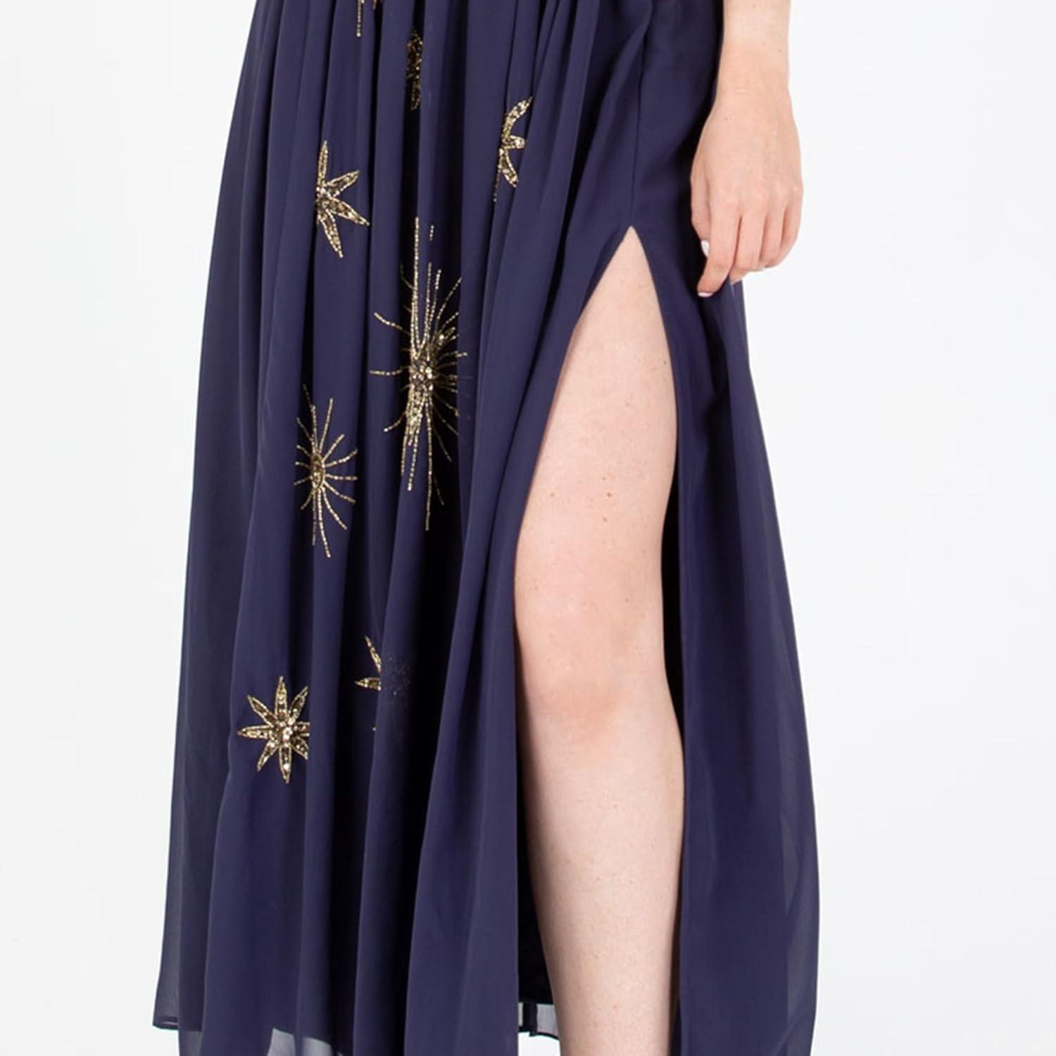 imageLovedrobe Womens Maxi Dress Ladies Star Sequin Bead Embellished Flutter Sleeve VNeck ALine Split Slit Casual for Evening Party Robe Femme Lot de 1Navy