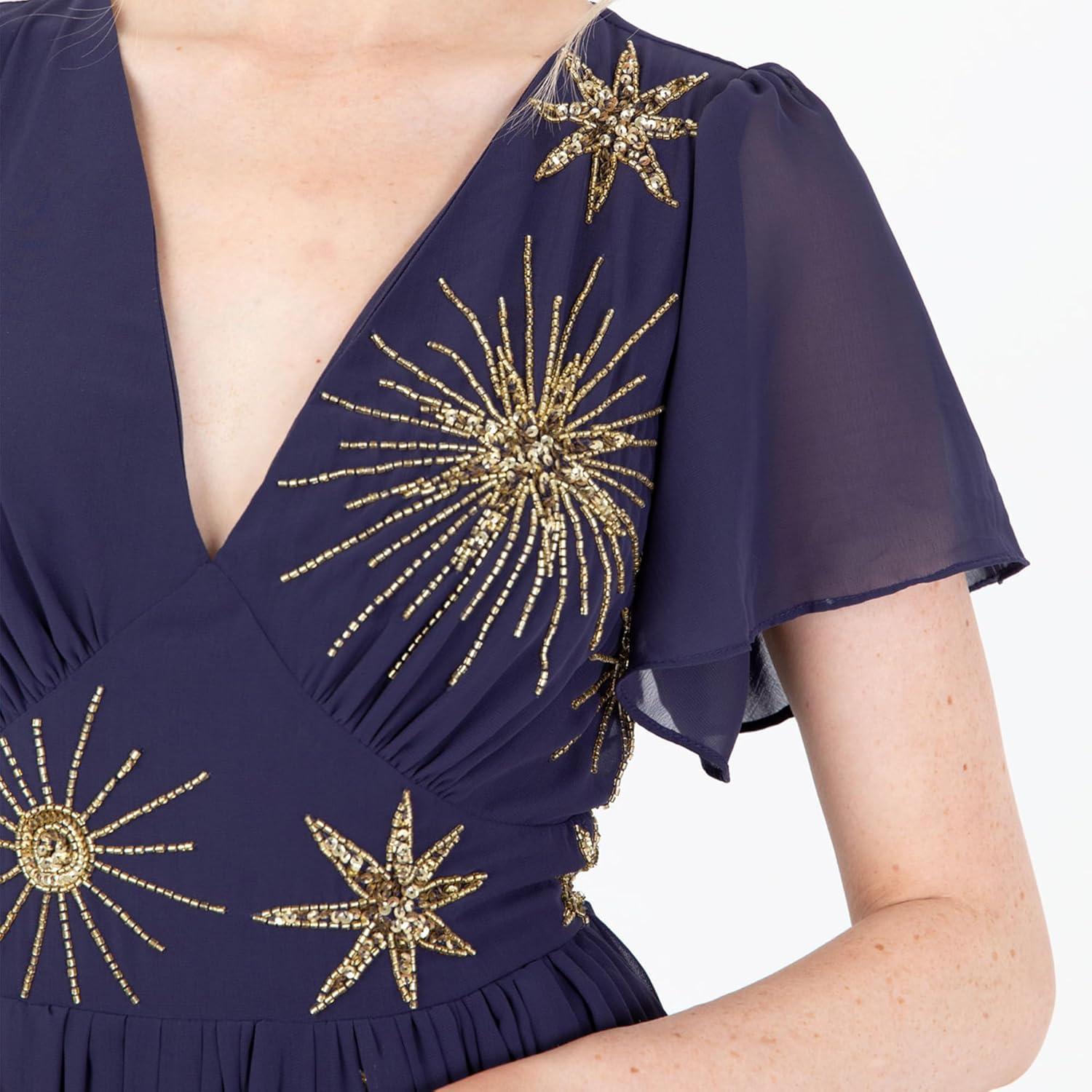 imageLovedrobe Womens Maxi Dress Ladies Star Sequin Bead Embellished Flutter Sleeve VNeck ALine Split Slit Casual for Evening Party Robe Femme Lot de 1Navy