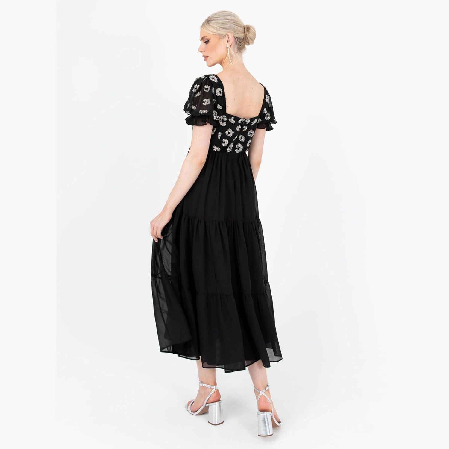 imageLovedrobe Womens Midaxi Dress Ladies Animal Sequin Embellished Short Puff Sleeve Square Neck ALine for Evening Party Cocktail Robe FemmeNoir