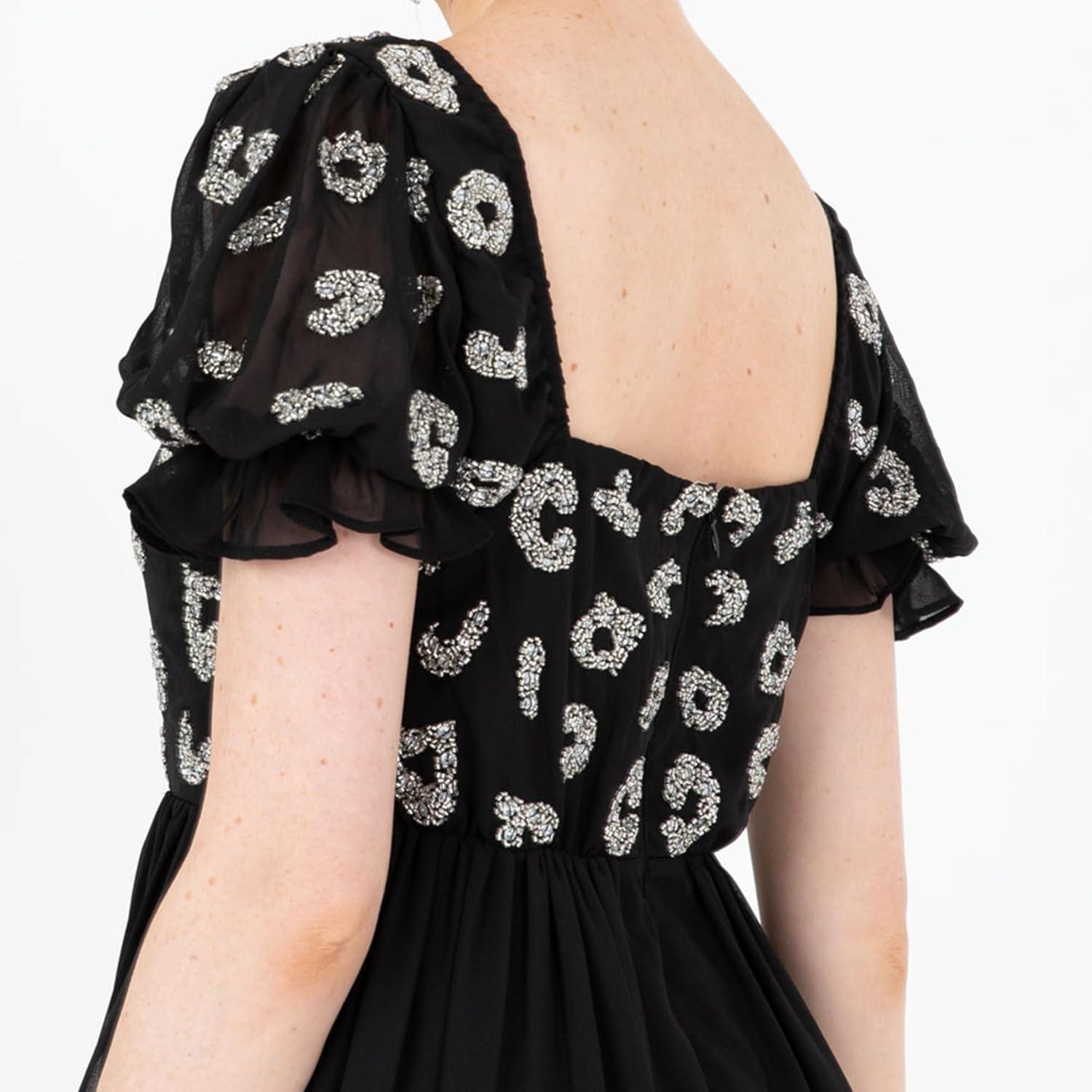 imageLovedrobe Womens Midaxi Dress Ladies Animal Sequin Embellished Short Puff Sleeve Square Neck ALine for Evening Party Cocktail Robe FemmeNoir