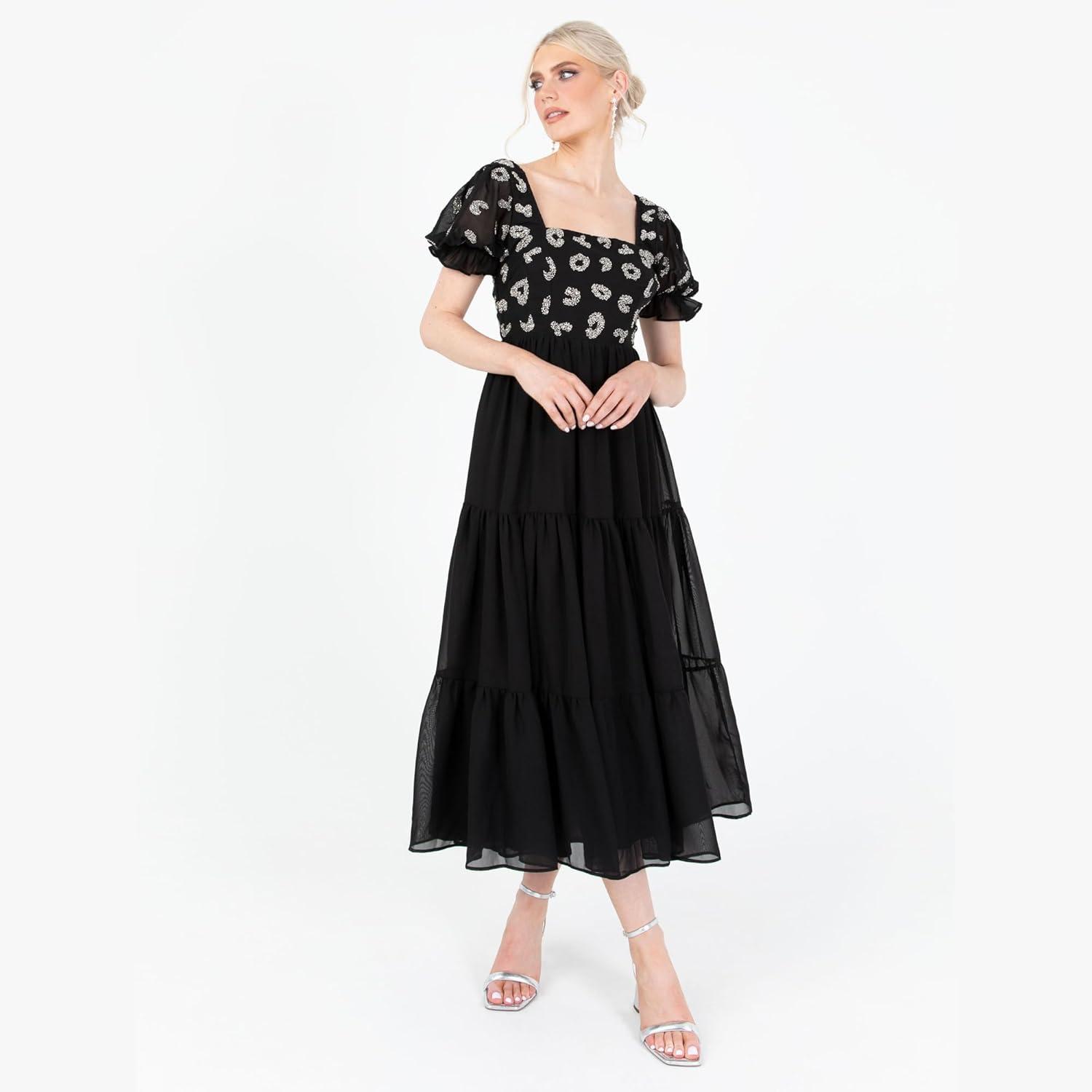 imageLovedrobe Womens Midaxi Dress Ladies Animal Sequin Embellished Short Puff Sleeve Square Neck ALine for Evening Party Cocktail Robe FemmeNoir