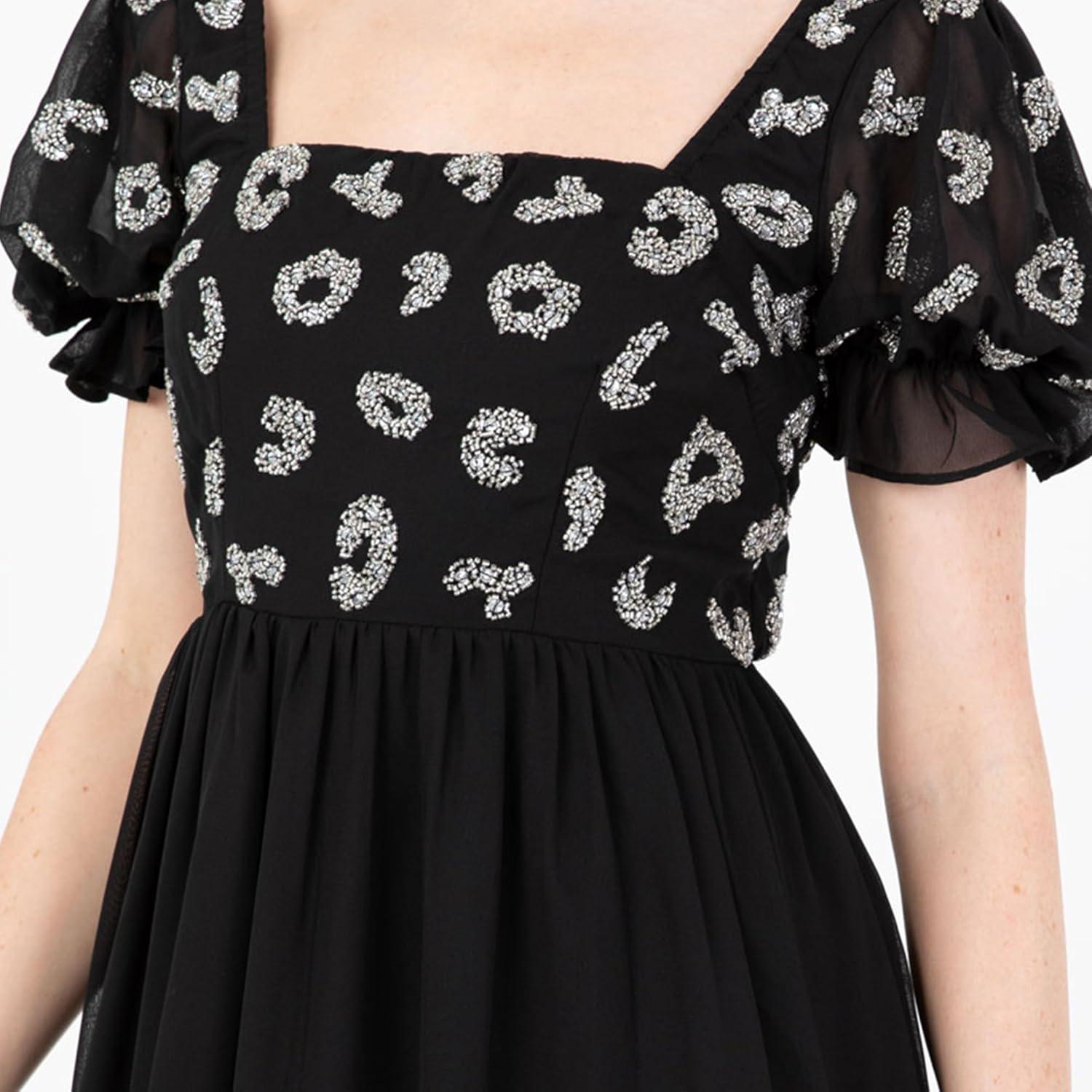 imageLovedrobe Womens Midaxi Dress Ladies Animal Sequin Embellished Short Puff Sleeve Square Neck ALine for Evening Party Cocktail Robe FemmeNoir