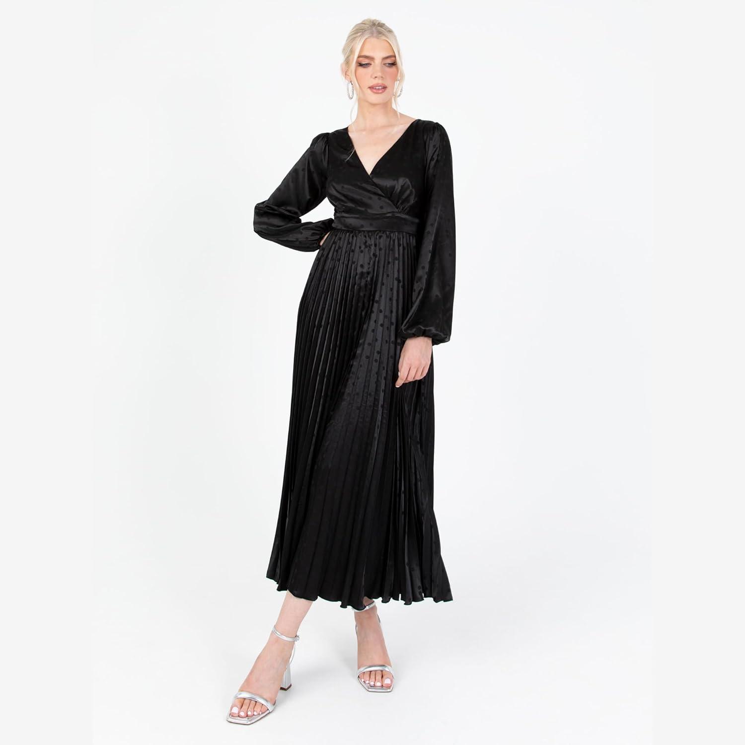 imageLovedrobe Womens Midaxi Dress Ladies Pleated Satin VNeck Long Bishop Sleeve Empire ALine for Evening Occasion Party Prom Ball Robe