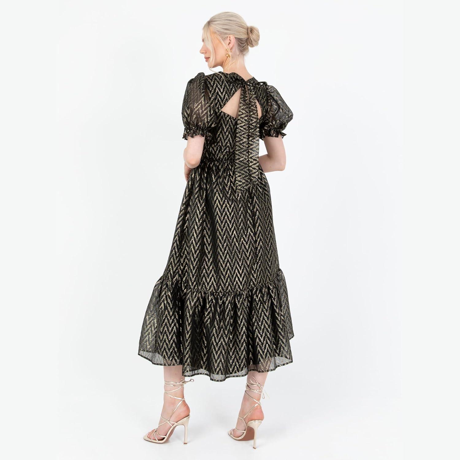 imageLovedrobe Womens Midaxi Dress Ladies Round Neck Short Puff Sleeves Metallic Zigzag TieBack ALine for Party Evening Occasion Robe FemmeNoir