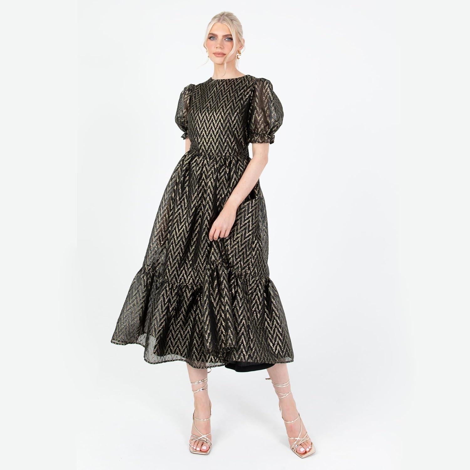imageLovedrobe Womens Midaxi Dress Ladies Round Neck Short Puff Sleeves Metallic Zigzag TieBack ALine for Party Evening Occasion Robe FemmeNoir