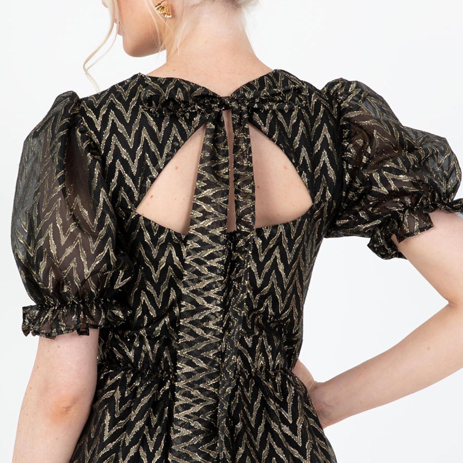 imageLovedrobe Womens Midaxi Dress Ladies Round Neck Short Puff Sleeves Metallic Zigzag TieBack ALine for Party Evening Occasion Robe FemmeNoir