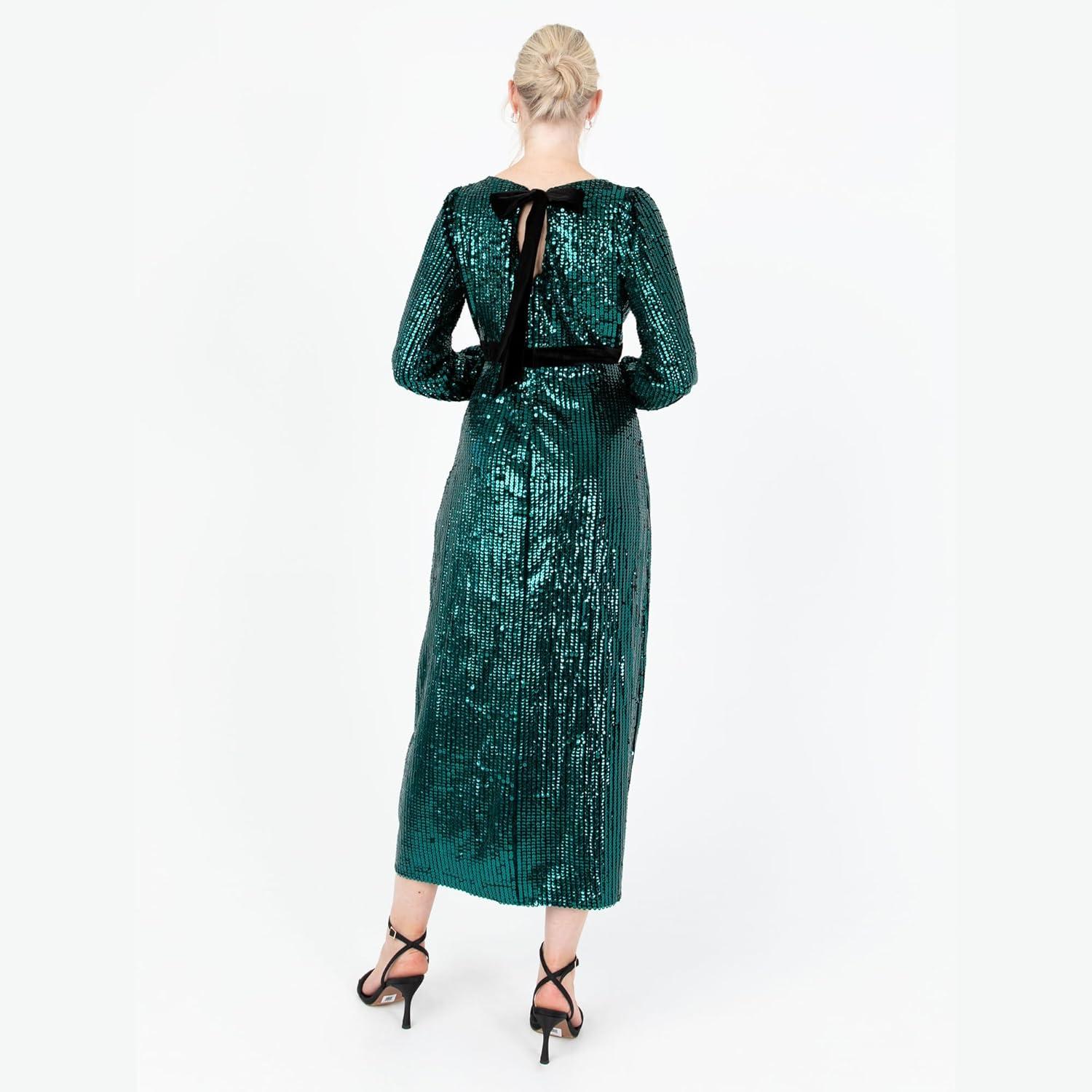 imageLovedrobe Womens Midaxi Dress Ladies Sequin Embellished Long Sleeve VNeck Faux Wrap Velvet Bow Split for Party Evening Occasion Robe FemmeVert