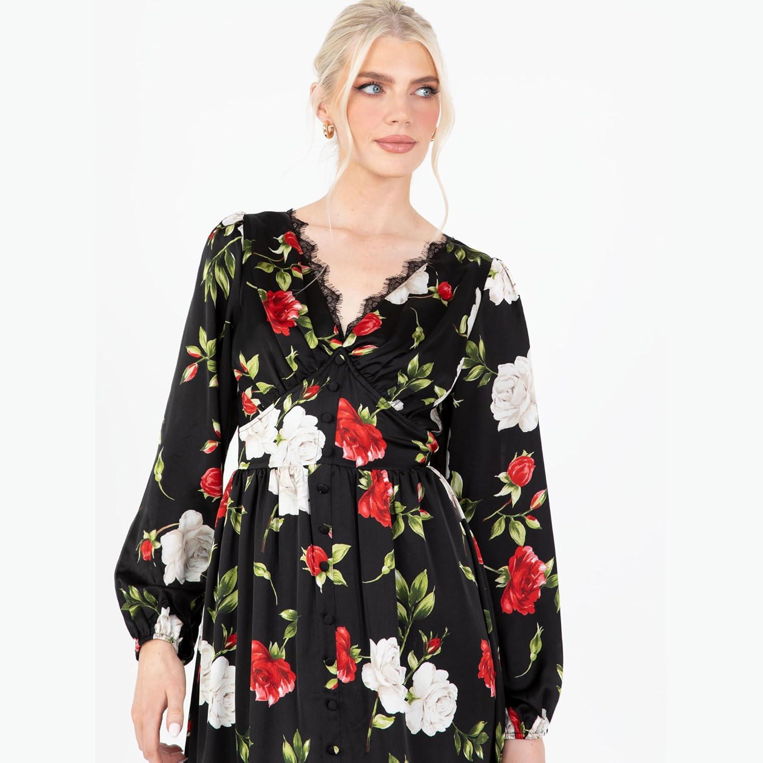 imageLovedrobe Womens Midaxi Dress Ladies V Neck Long Sleeve Floral Ruffle Frilly Lace Trim Empire ALine Open Back for Wedding Guest Robe Femme Lot de 1Noir