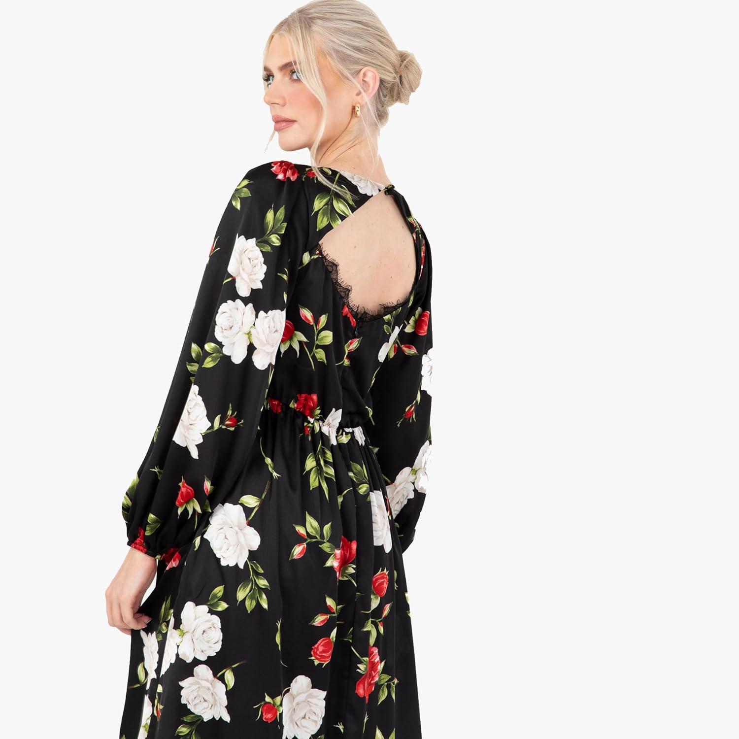 imageLovedrobe Womens Midaxi Dress Ladies V Neck Long Sleeve Floral Ruffle Frilly Lace Trim Empire ALine Open Back for Wedding Guest Robe Femme Lot de 1Noir