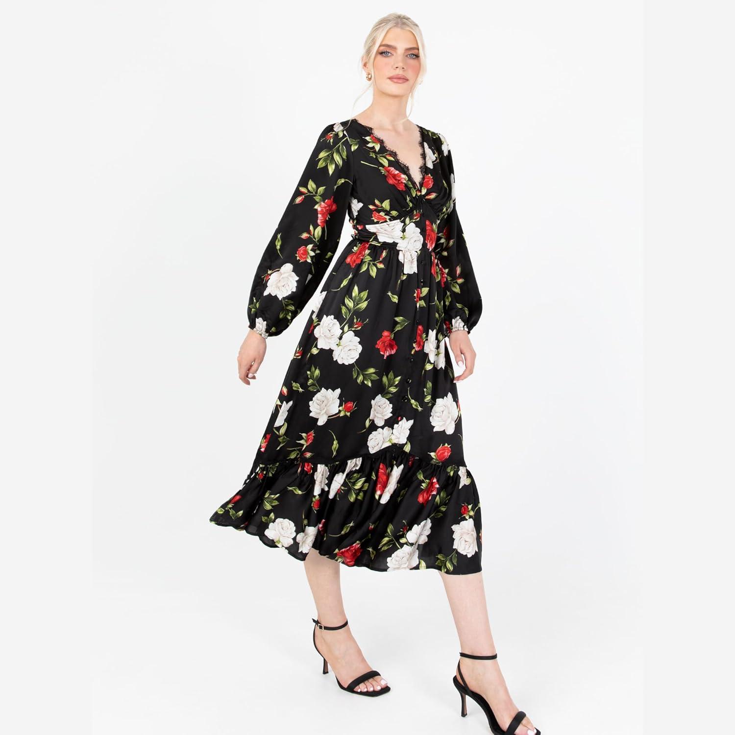 imageLovedrobe Womens Midaxi Dress Ladies V Neck Long Sleeve Floral Ruffle Frilly Lace Trim Empire ALine Open Back for Wedding Guest Robe Femme Lot de 1Noir