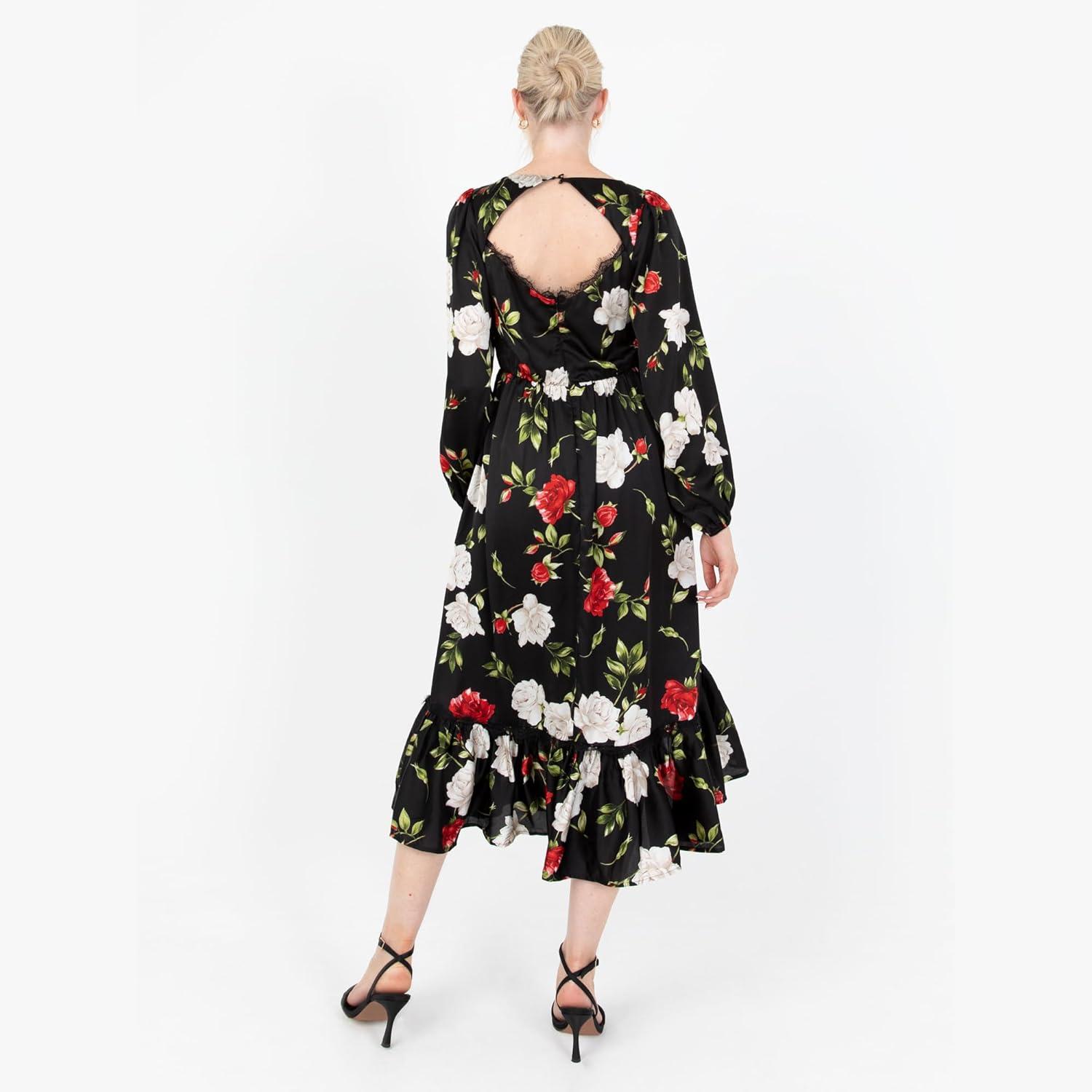 imageLovedrobe Womens Midaxi Dress Ladies V Neck Long Sleeve Floral Ruffle Frilly Lace Trim Empire ALine Open Back for Wedding Guest Robe Femme Lot de 1Noir