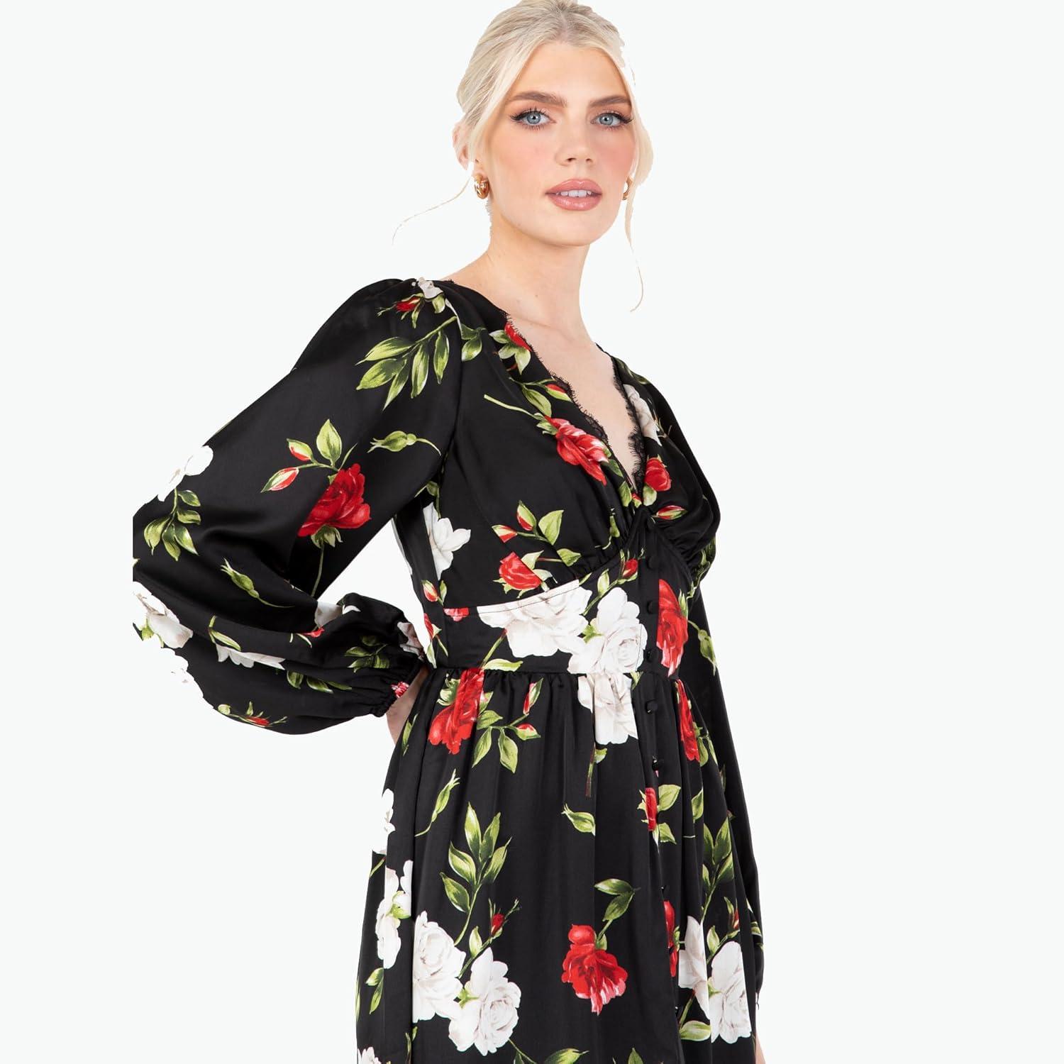 imageLovedrobe Womens Midaxi Dress Ladies V Neck Long Sleeve Floral Ruffle Frilly Lace Trim Empire ALine Open Back for Wedding Guest Robe Femme Lot de 1Noir
